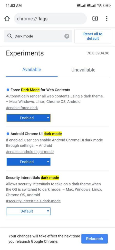 Enable Forced Dark Mode in Google Chrome Android and All Websites