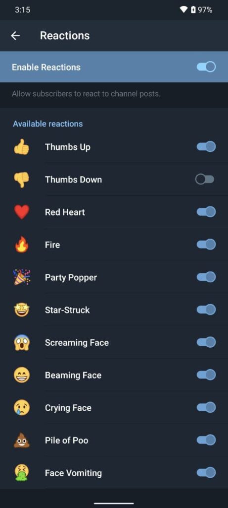 enable message reactions in telegram channel